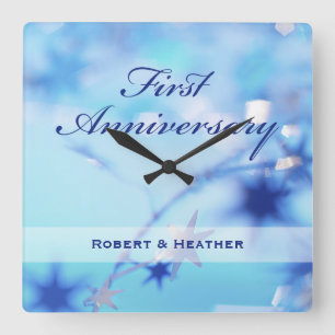 Custom Name, First Wedding Anniversary Sparkle Square Wall Clock