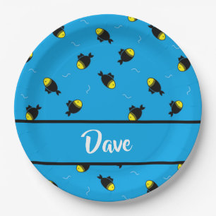 Custom name fishes pattern on blue paper plate