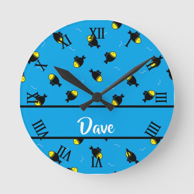 Custom name fishes pattern on blue round clock (Front)