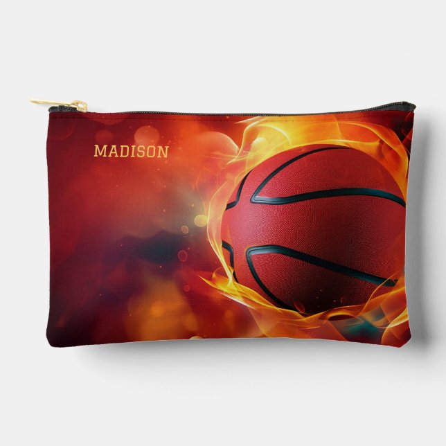 Custom Name Flaming Basketball Accessory Pouch (Front)