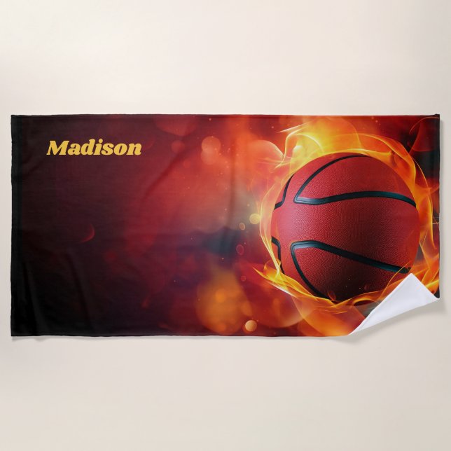 Custom Name Flaming Basketball Beach Towel (Front)