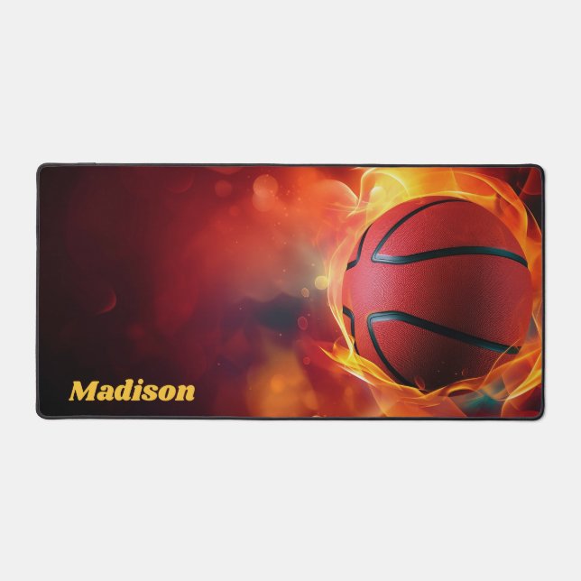 Custom Name Flaming Basketball Desk Mat (Front)