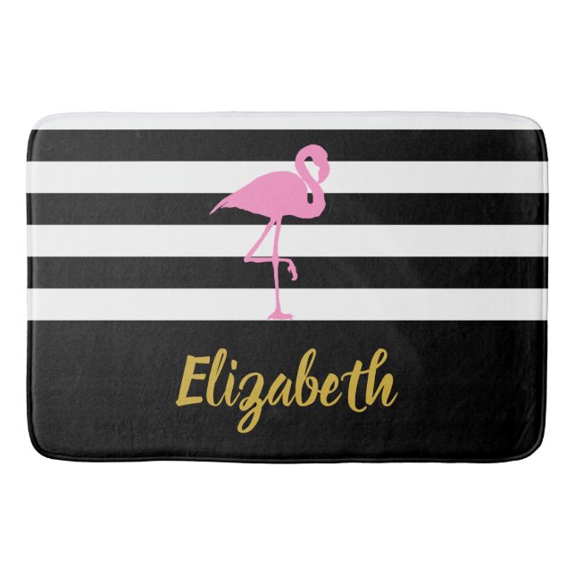 Custom Name Flamingo on Black and White Stripes Bath Mat (Front)