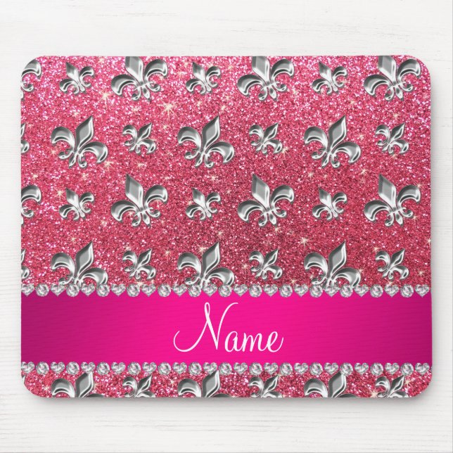 Custom name fleur de lis fuchsia pink glitter mouse pad (Front)