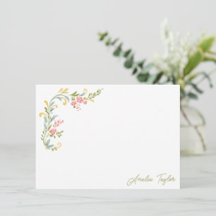 Custom Name Floral Border Watercolor Stationery Card