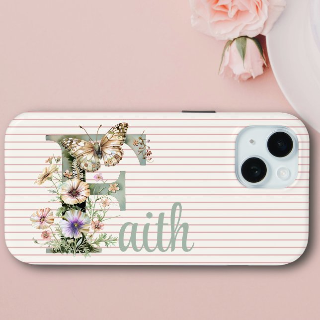 Custom Name | Floral Butterfly Initial Sage Green Case-Mate iPhone Case (Creator Uploaded)