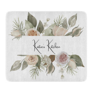 Custom Name Floral Glass Cutting Board, Flower Cutting Board