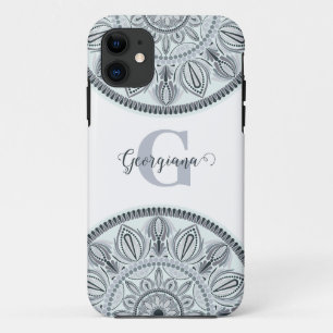 Custom Name Floral Harmony Grey Monotone Mandala Case-Mate iPhone Case