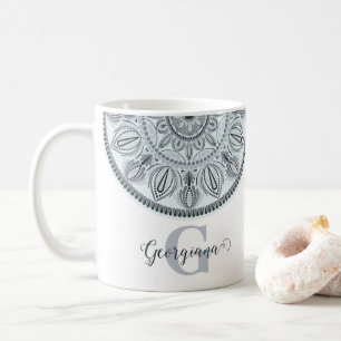 Custom Name Floral Harmony Grey Monotone Mandala Coffee Mug