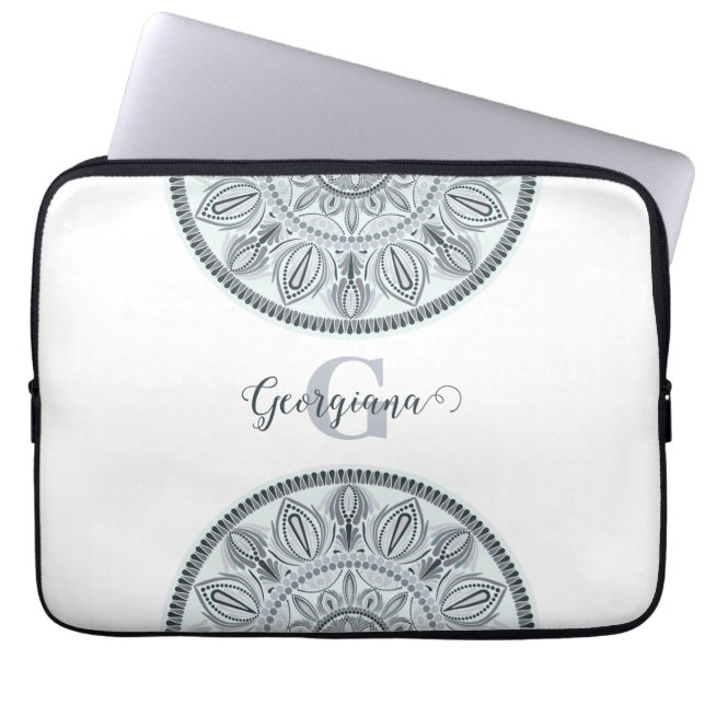 Custom Name Floral Harmony Grey Monotone Mandala Laptop Sleeve (Front)
