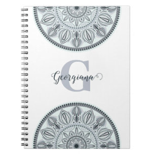 Custom Name Floral Harmony Grey Monotone Mandala Notebook