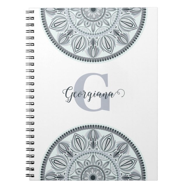 Custom Name Floral Harmony Grey Monotone Mandala Notebook (Front)