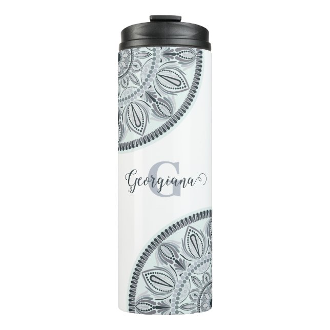 Custom Name Floral Harmony Grey Monotone Mandala Thermal Tumbler (Front)