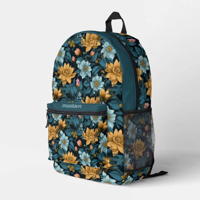 Custom Name Floral Pattern Printed Backpack (Back Corner Right)
