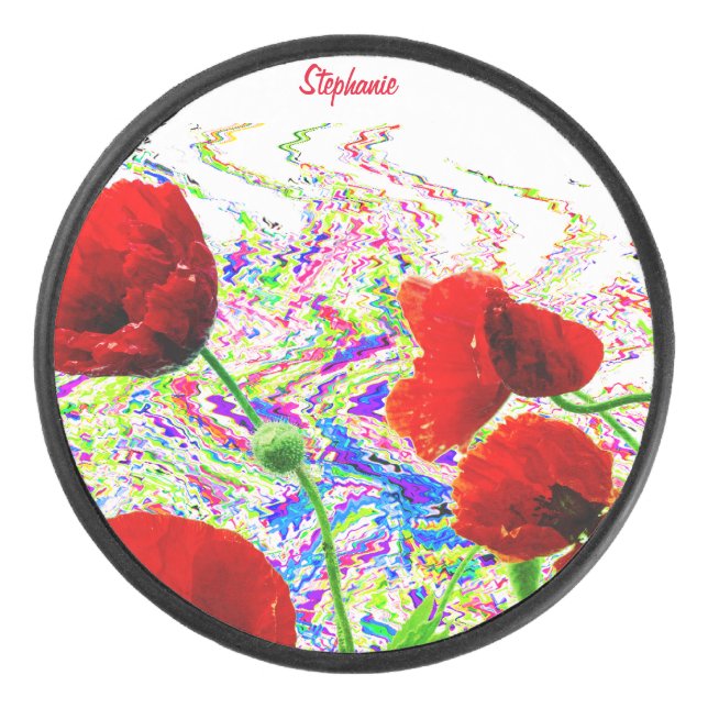 Custom Name Floral Poppy Flowers Colourful Artsy Hockey Puck (Front)