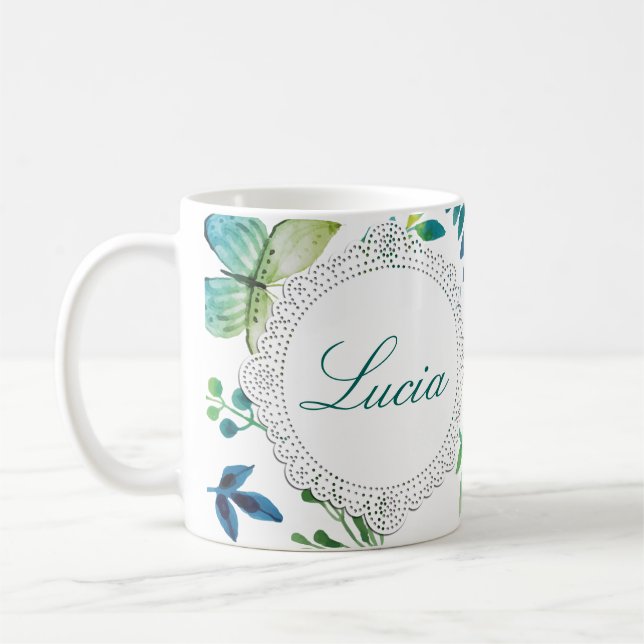 Custom Name Flower Green Coffee Mug Personalise (Left)
