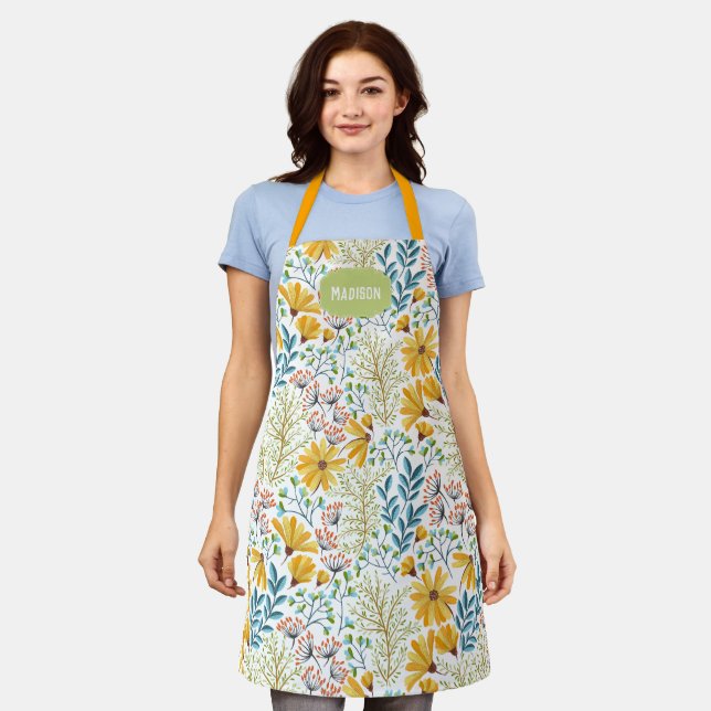 Custom name Flower Illustration apron (Worn)