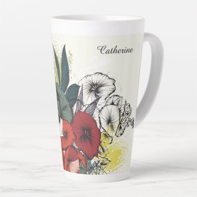 Custom Name Flower Illustration Latte Mug (Right Angle)
