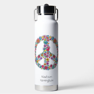 Custom Name Flower Peace Sign Water Bottle