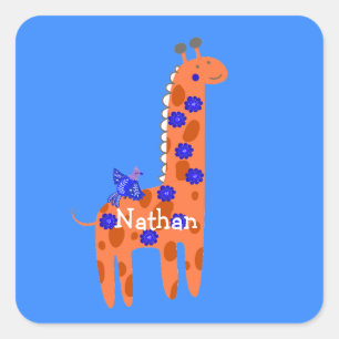 Custom Name Folk Giraffe Bird Orange Blue  Square Sticker