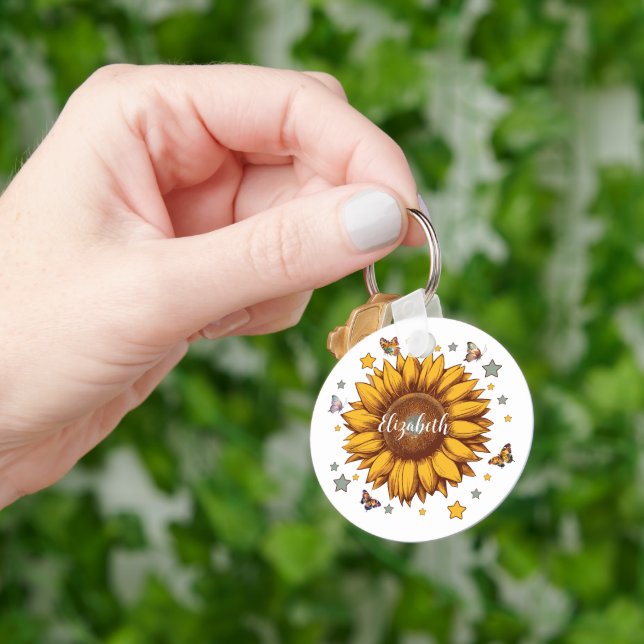 Custom name for girl retro sunflower gift key ring (Hand)