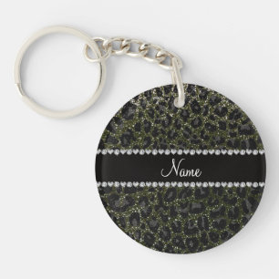 Custom name forest green glitter leopard print key ring