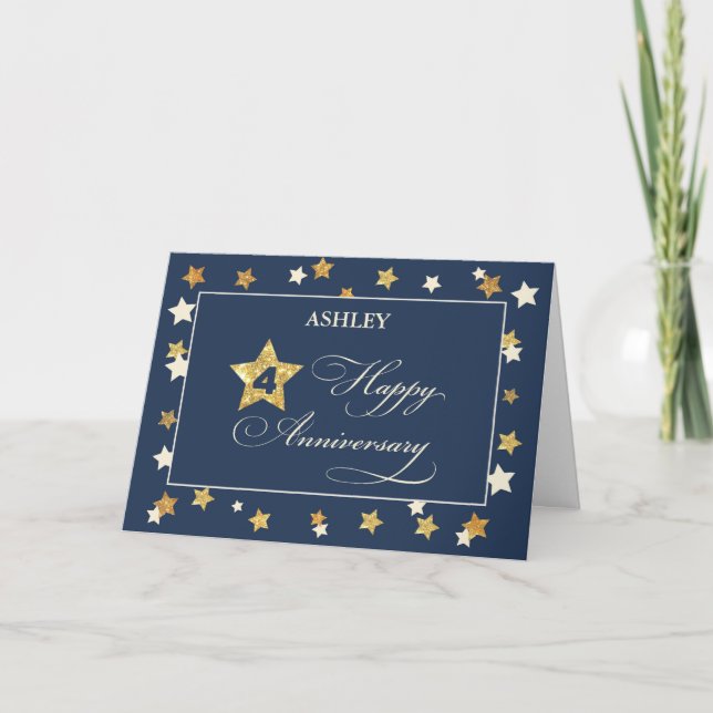 Custom Name Fourth Employee Anniversary Navy Gold Card (Front)