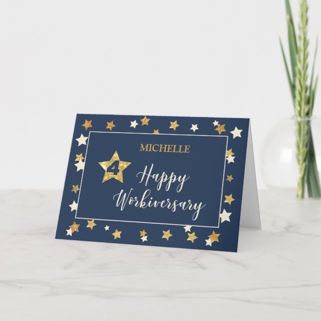 Custom Name Fourth Employee Workiversary Navy Gold Card (Front)