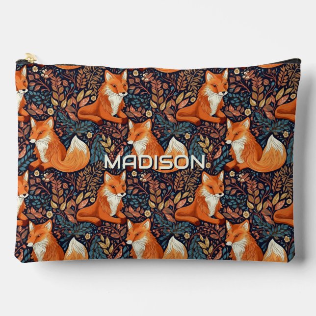 Custom Name Foxes and Leafs Pattern Accessory Pouch (Front)