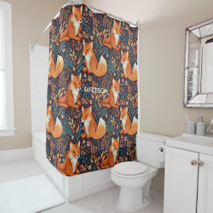 Custom Name Foxes and Leafs Pattern Shower Curtain