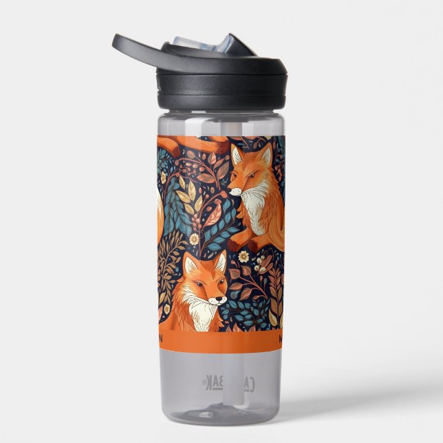 Custom Name Foxes and Leafs Pattern Water Bottle (Right)
