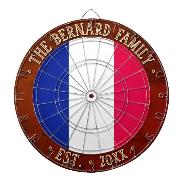 Custom Name FRANCE FLAG & Rustic Brown Border Dartboard (Front)