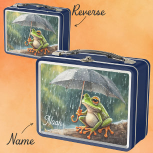 Custom Name Frog on a log holding an umbrella Metal Lunch Box