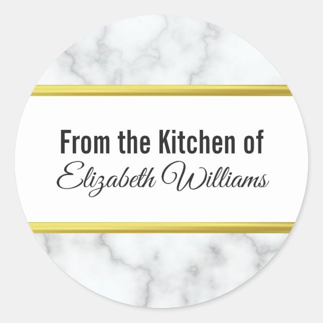 Custom Name From the Kitchen of White Marble Look Classic Round Sticker (Front)