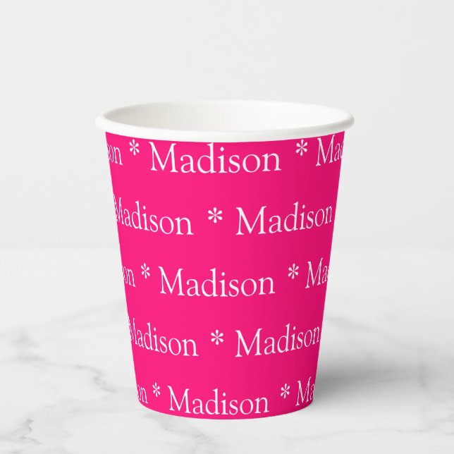 Custom name fuchsia hot pink white pattern cute paper cups (Front)