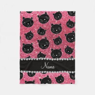 Custom name fuchsia pink glitter black cat faces fleece blanket