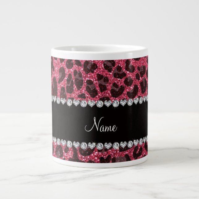 Custom name fuchsia pink glitter leopard print large coffee mug (Front)