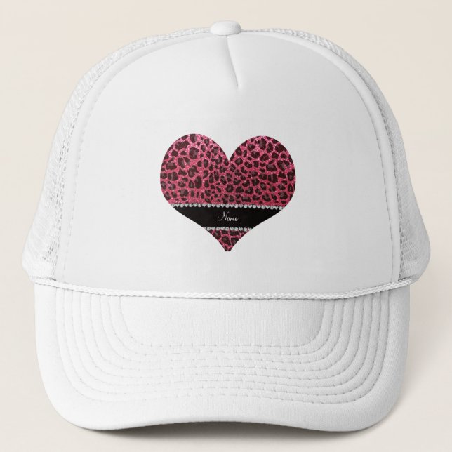 Custom name fuchsia pink glitter leopard print trucker hat (Front)