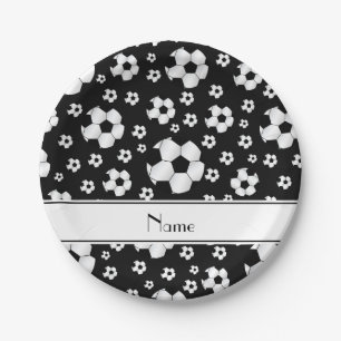 Custom name fun black soccer balls white stripe paper plate