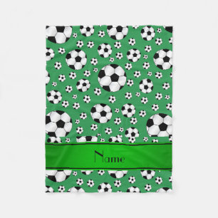 Custom name fun green soccer balls green stripe fleece blanket