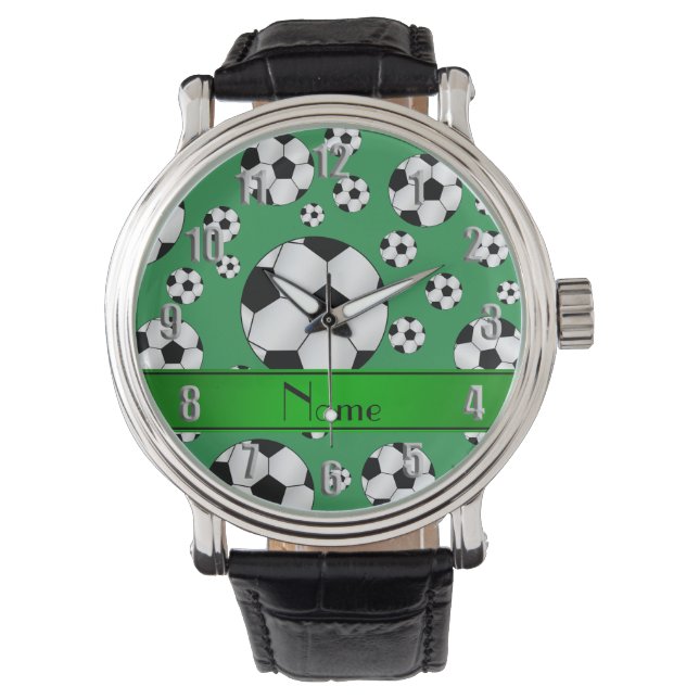 Custom name fun green soccer balls green stripe watch (Front)