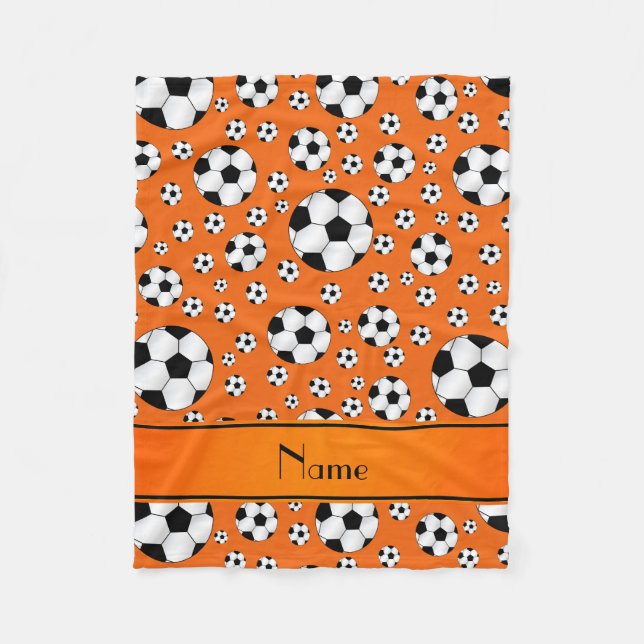 Custom name fun orange soccer balls orange stripe fleece blanket (Front)