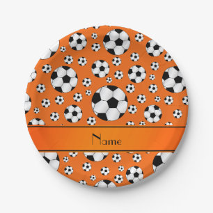 Custom name fun orange soccer balls orange stripe paper plate