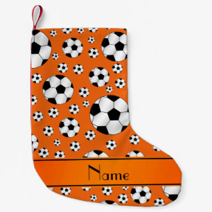 Custom name fun orange soccer balls orange stripe small christmas stocking