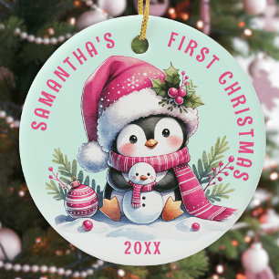 Custom Name Fun Penguin Pink Mint First Christmas Ceramic Tree Decoration