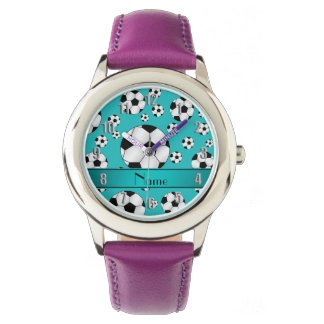 Custom name fun turquoise soccer balls and stripe watch