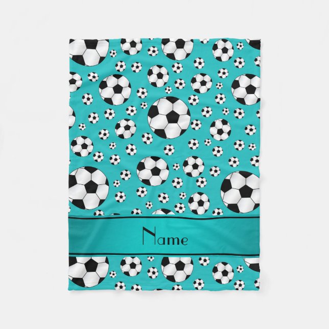 Custom name fun turquoise soccer balls fleece blanket (Front)