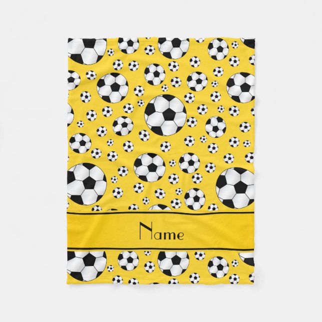 Custom name fun yellow soccer balls yellow stripe fleece blanket (Front)