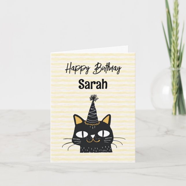 Custom Name Funny Black Cat Happy Birthday Card (Front)