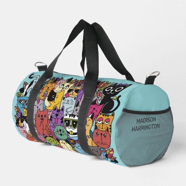 Custom Name Funny Cats Illustration Duffle Bag (Right Corner)